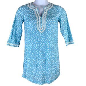 Boden Size 4 Tunic Dress Blue White 3/4 Sleeve V Neck Shift Cut 100% Cotton
